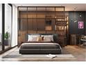 Modern bedroom with glass enclosed closet and hardwood floors at 924 S First St # 306C, Las Vegas, NV 89101