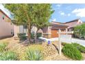 Landscaped front yard with rock ground cover featuring lush foliage and mature shade trees at 10247 Jamapa Dr, Las Vegas, NV 89178