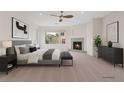 Serene main bedroom with a fireplace, soft lighting, and a calm color palette, designed for rest and comfort at 10680 Sapphire Vista Ave, Las Vegas, NV 89144
