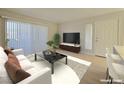 The staged living room features a sofa, TV, modern décor, and lots of natural light at 5710 E Tropicana Ave # 1018, Las Vegas, NV 89122