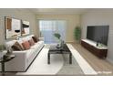 An open living room features a modern sofa, TV, stylish decor, and a sliding glass door at 5710 E Tropicana Ave # 1018, Las Vegas, NV 89122