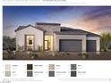 Modern home with stone accents, gray garage doors, and professional landscaping at 300 Talon Heights St, Las Vegas, NV 89138