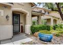 Inviting front entrance with a decorative door, manicured landscaping, and a tiled walkway at 2958 Lapis Beach Dr, Las Vegas, NV 89117