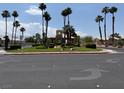 View of a community entrance with palm trees and lush landscaping at 471 Fallwood Ln, Las Vegas, NV 89107
