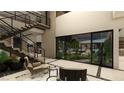 Bright entryway showcasing open staircase, modern furnishings and a view to outdoor living space at 3530 Cosima Ln, Las Vegas, NV 89120