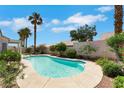 Refreshing backyard pool surrounded by lush landscaping and palm trees for a tropical feel at 9205 Desert Village Ave, Las Vegas, NV 89147