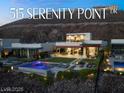 Modern luxury home exterior showcasing a pool, spa, and outdoor seating areas with mountain views at 515 Serenity Point Dr, Henderson, NV 89012