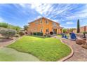 Spacious backyard with green lawn, patio area, and desert landscaping providing an oasis for outdoor activities at 6659 Alder Flower Ct, North Las Vegas, NV 89084