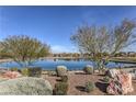 Scenic view of the community pond with lush landscaping and distant mountain views at 508 Cadence View Way, Henderson, NV 89011