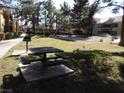 Community picnic area with a metal table and benches, and a barbecue grill in a grassy lawn area at 2120 Ramrod Ave # 417, Henderson, NV 89014