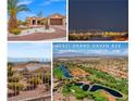 A collage of property features, including the home's exterior, city views, address, and a beautiful golf course at 10921 Grand Haven Ave, Las Vegas, NV 89134