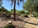 Landscaped community common area with mature trees, shrubs, and a walking path at 5216 Loma Verde Ave, Las Vegas, NV 89108