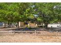 Front of the home with mature trees providing shade and a charming wooden fence at 2230 Wagon Ave, Pahrump, NV 89048