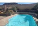 A pristine pool invites relaxation, surrounded by landscaping and a privacy fence at 424 Wright Way, Henderson, NV 89015