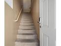Carpeted staircase with a secure door and a handrail for safety and accessibility at 5855 Valley Dr # 2130, North Las Vegas, NV 89031