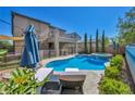 Inviting backyard showcasing a sparkling pool, a relaxing hot tub, and comfortable lounge seating, perfect for outdoor enjoyment at 3195 Hazy Hills Ave, Henderson, NV 89052