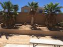 Backyard featuring desert landscape, privacy wall, and mature palm trees at 9175 Titan Hill Ct, Las Vegas, NV 89148