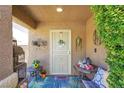 Inviting front porch featuring decorative plants and seating area with a 'Welcome' sign at 1228 Swanbrooke Dr, Las Vegas, NV 89144
