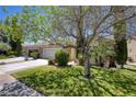 Charming single-story home with a well-manicured lawn, mature trees, and a stone facade at 693 Hagens Aly, Mesquite, NV 89027