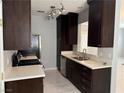 Modern kitchen featuring dark cabinetry, stainless steel appliances, and a stylish countertop at 248 Crystal Rose Ct, Las Vegas, NV 89106