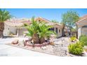 Landscaped front yard featuring decorative rock, mature palm trees, and concrete walkway at 9632 Spanish Steps Ln, Las Vegas, NV 89117