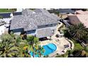 Aerial view captures the home's beautiful pool, patio with barbecue, and landscaped yard offering privacy and relaxation at 9905 Fox Springs Dr, Las Vegas, NV 89117