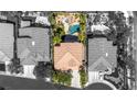 Aerial view of the property showcasing the backyard pool, landscaping, and the surrounding neighborhood at 2221 Grier Woods Ct, Las Vegas, NV 89134