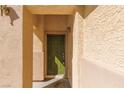 View of front door with stucco walls and hanging entry light at 5049 Running Rapids Ave, Las Vegas, NV 89130