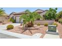 Beautiful single-story home displaying desert landscaping with a mature palm tree in the front yard at 2555 Moonlight Valley Ave, Henderson, NV 89044