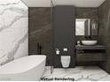 Elegant bathroom with marble accents, a walk-in shower, and sleek fixtures at 4888 Miller Ln, Las Vegas, NV 89149