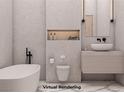 Modern bathroom featuring marble walls, floating vanity, and soaking tub at 4888 Miller Ln, Las Vegas, NV 89149