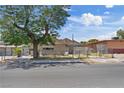 View of a single-story house and its landscaping, surrounded by chain link fence and a large tree at 2528 Sunrise Ave, Las Vegas, NV 89101