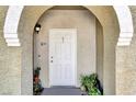 Close-up of the inviting front door with charming details and potted plants at 9975 Peace Way # 2009, Las Vegas, NV 89147