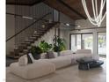 Contemporary living room showcasing modern lighting, an open staircase, and sleek furniture arrangement at 2935 Montessouri St, Las Vegas, NV 89117