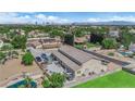 An aerial view showcasing a large lot, mature trees, plus a workshop and an in-ground pool at 1919 Belcastro St, Las Vegas, NV 89117