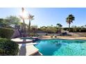 Backyard oasis featuring a sparkling blue pool, hot tub, lush landscaping and mature trees at 821 Star Pine Dr, Las Vegas, NV 89144