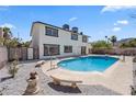 Private backyard oasis with a refreshing pool, concrete benches, and desert landscaping at 307 Balsa St, Henderson, NV 89002
