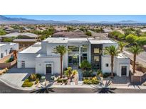 Striking modern home featuring sleek lines, a two-tone color scheme, professional landscaping, and a palm-lined front yard at 9760 Solar Ave, Las Vegas, NV 89149