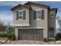 Two-story home with gray siding, brown garage door, and green shutters at 9132 Vesey Ave, Las Vegas, NV 89148