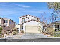 Two-story house with beige exterior, two-car garage, and landscaping at 6650 Apollos Gate Ct, Las Vegas, NV 89142