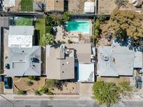 Aerial view showing house, pool, and backyard at 107 Elm St, Henderson, NV 89015