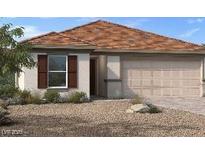 One-story home with brown tile roof, beige siding, and dark brown shutters at 9189 Oakdale Ranch Ct, Las Vegas, NV 89139