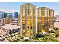 Aerial view of two luxury high-rise buildings with city views at 145 E Harmon Ave # 2215, Las Vegas, NV 89109