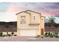 Two-story house with desert landscaping, attached garage, and a balcony at 242 Kobuk Ave, Henderson, NV 89011