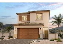 Two-story house with brown garage door, light beige walls, and a tile roof at 10577 Dryades Ave, Las Vegas, NV 89166