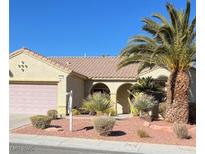 One-story house with arched entryway, pink garage door, and desert landscaping at 1647 Fieldbrook St, Henderson, NV 89052