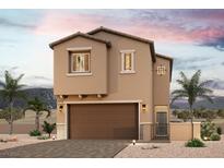 Two-story stucco home with brown garage door and landscaping at 8670 Felker St, Las Vegas, NV 89166