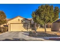 Single-story house with a beige exterior, two-car garage, and landscaped front yard at 7824 Homing Pigeon St, North Las Vegas, NV 89084