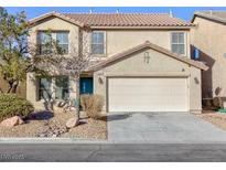 Tan two-story house with teal door, attached garage, and landscaping at 312 Bella Calabria Ave, Las Vegas, NV 89183