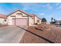 Single-story house with pink garage door and landscaped yard at 1064 Wide Brim Ct, Henderson, NV 89011